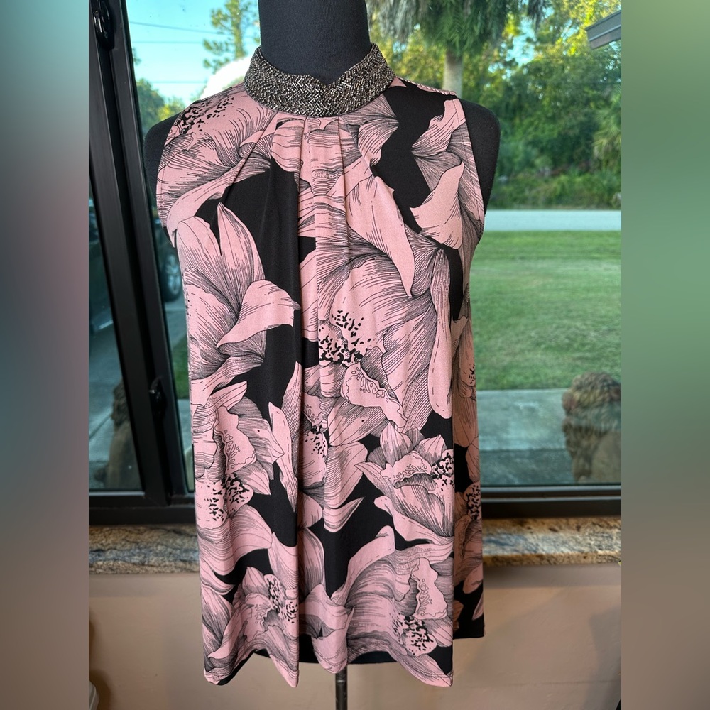 Alfani Floral Black and Pink Sleeveless Blouse with Embellished Neckline size XS